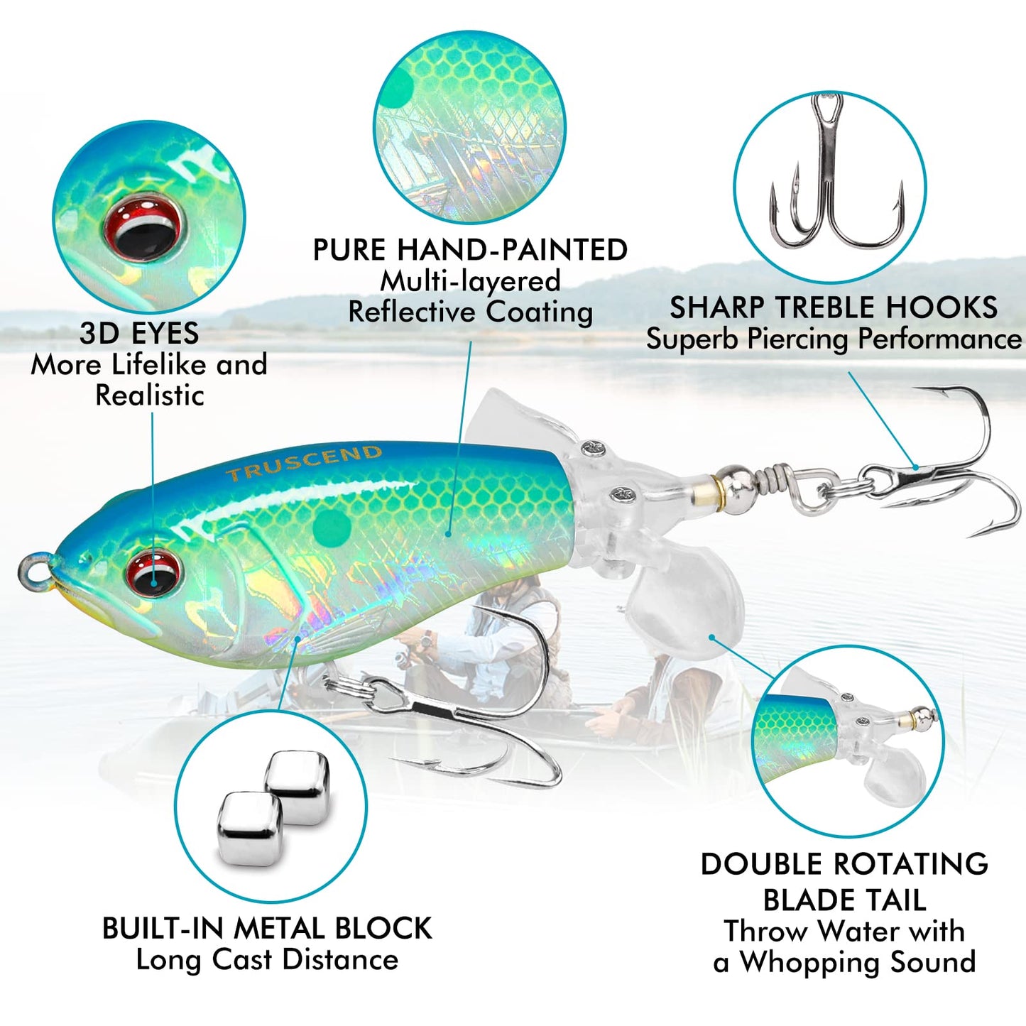 TRUSCEND Popobait Easy Catch Fishing Lures with BKK Hooks, Instant Startup, Longer Cast, Balanced Spray/Sound/Swim, Plopper Topwater Lures for Bass, Trout, Pike, Freshwater Saltwater Fishing Teasers