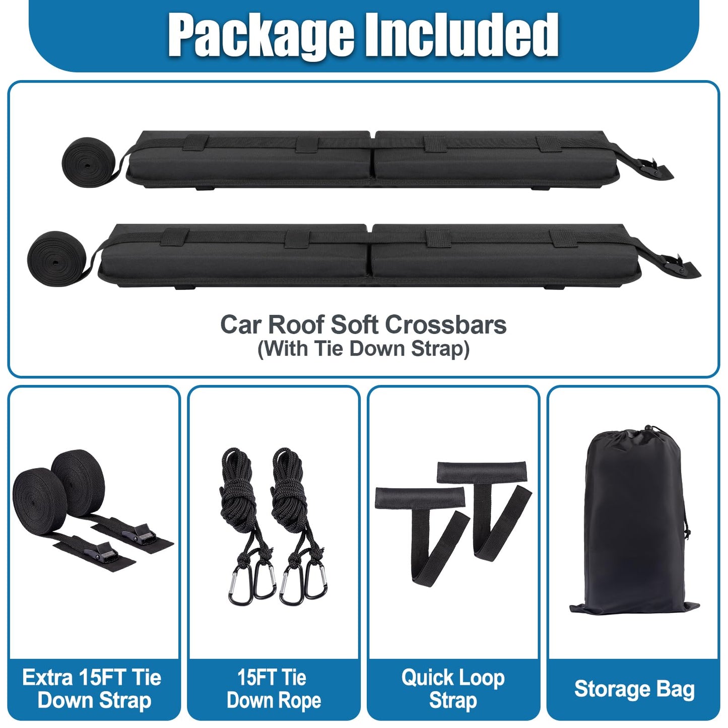 ChimimeDecor Universal Soft Roof Rack Pads 30“ Luggage Carrier System for Kayak,Surfboard, SUP, Canoe, Snowboard with 2 Tie Down Straps, 2 Tie Down Ropes, 2 Hood Loops and Storage Bag(Black)