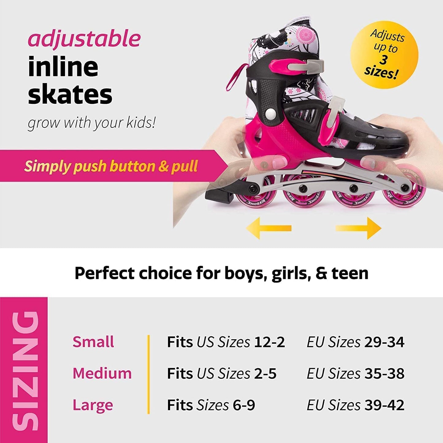 New Bounce Adjustable Inline Skates for Kids, 4 Wheel Skates, Pink, Medium, 2-6 US (EUR 36-39)