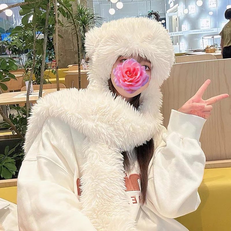 yolrdiw Y2k Grunge Punk Bunny Ears Hat Winter Warm Fuzzy Cap Scarf Emo Accessories for Unisex Pink
