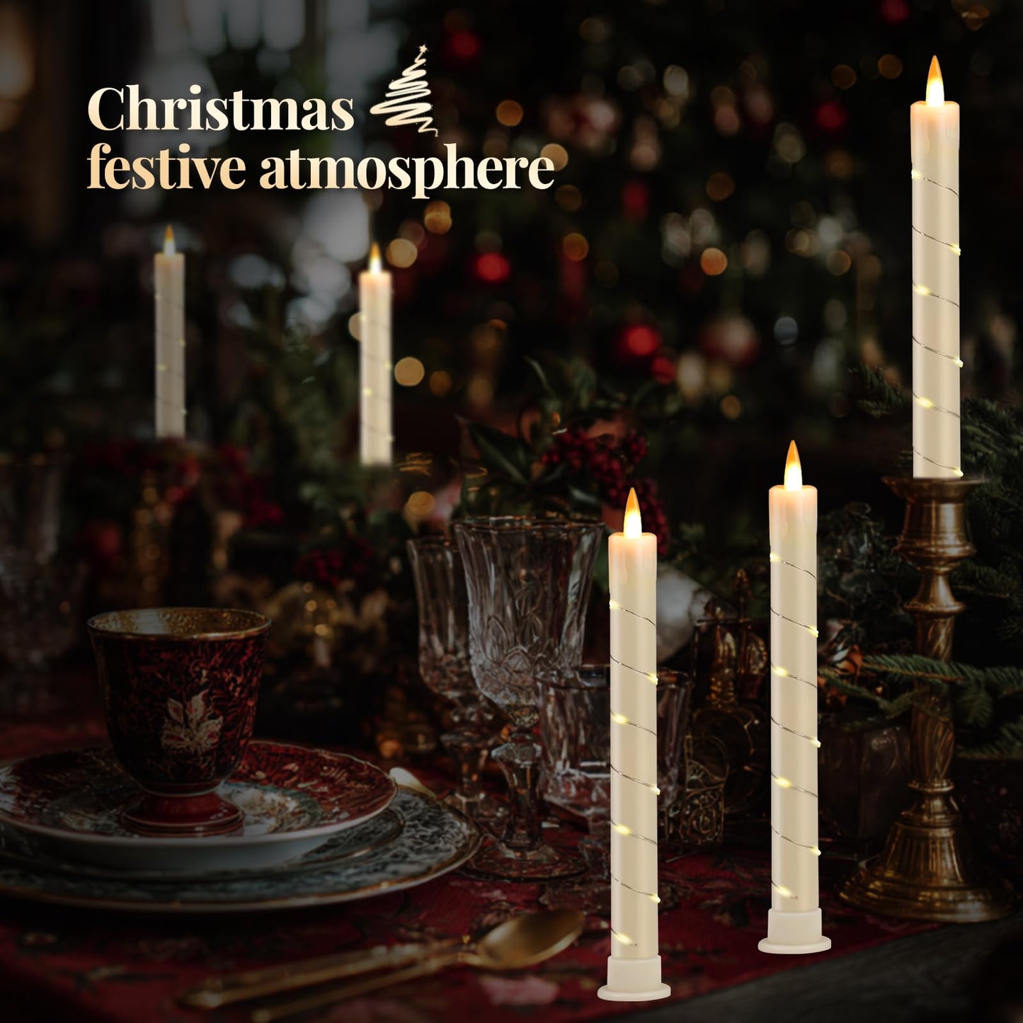 Rlojru 3pcs Flameless Taper Candle with Remote, Battery Powered, Timer, 3 Ivory ABS Candlesticks, 11 Mini Surround String Lights, 9.4 Inch LED Candles, Halloween Christmas Home Decor