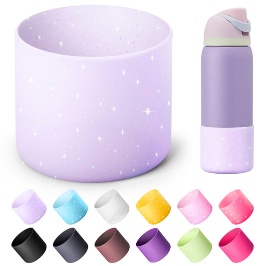 Diumepo Silicone Water Bottle Boot for Owala 32 oz, Anti-Slip Protective Sleeve for Twist, FreeSip & Flip Stainless Steel Bottles, Bottom Base (Glitter Purple)
