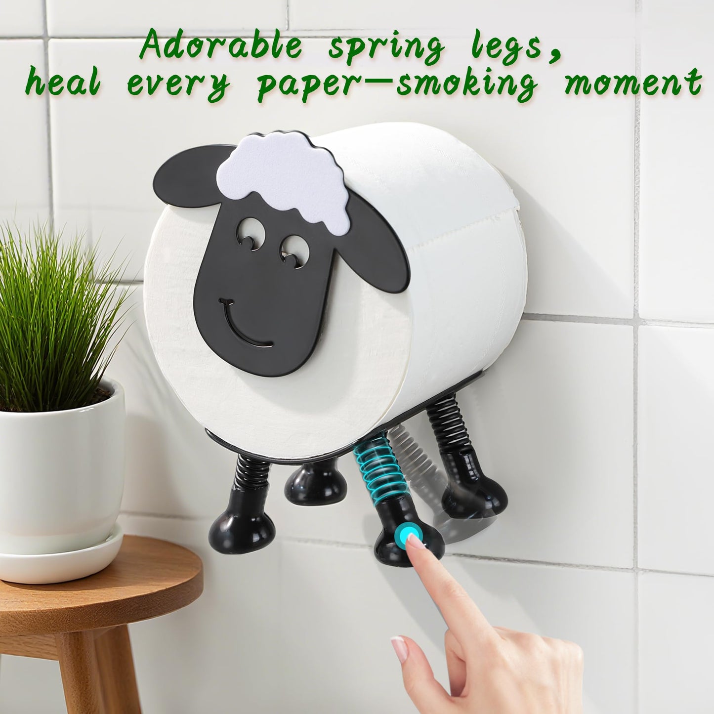 YIGII Sheep Toilet Paper Holder, Multifunctional 2 in 1 Adhesive Stainless Steel Toilet Roll Holder Stick on Wall or Free Standing, Funny Cute Bathroom Decor, Matte Black