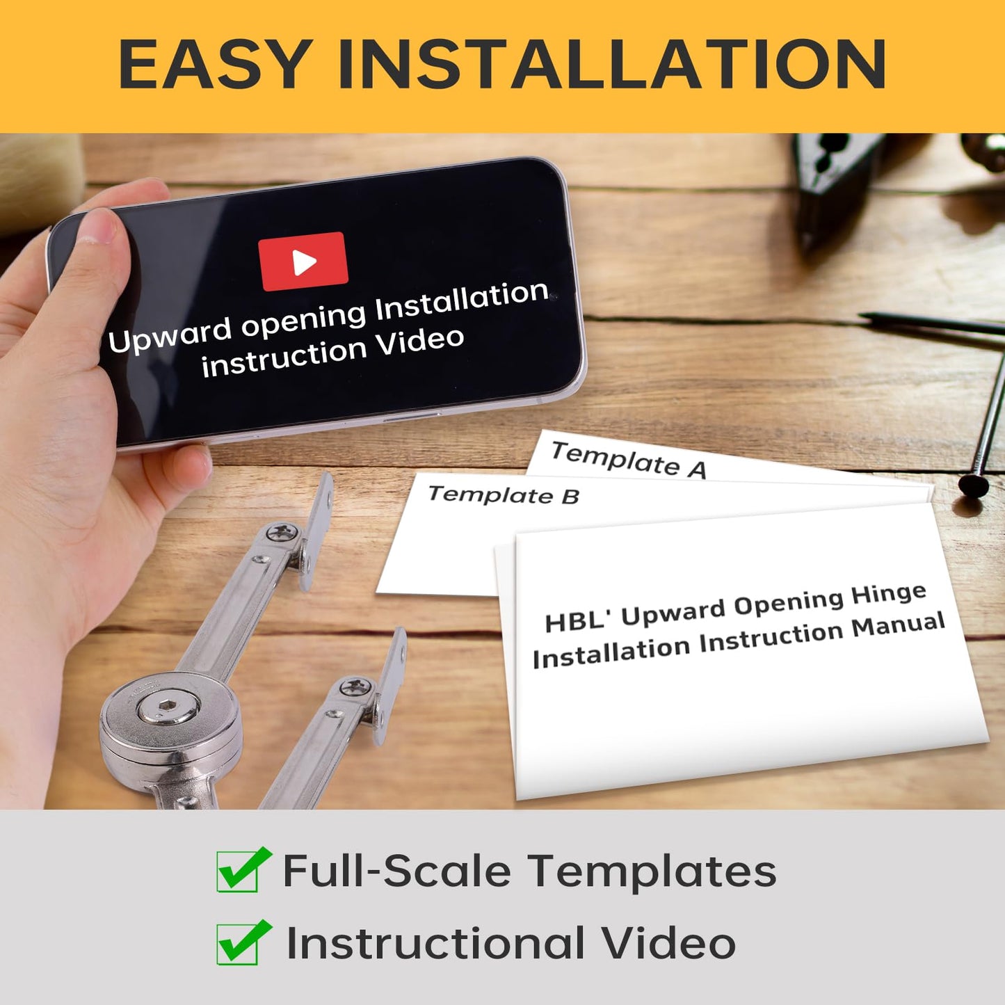 HBL' 2 Pack | Lid Support Hinges Heavy Duty Lid Stay Hinge – 110° Open Angle, Free Stop, Tension Adjustable, Supports Up to 50LBS for Upper Cabinets & RV Cabinets.