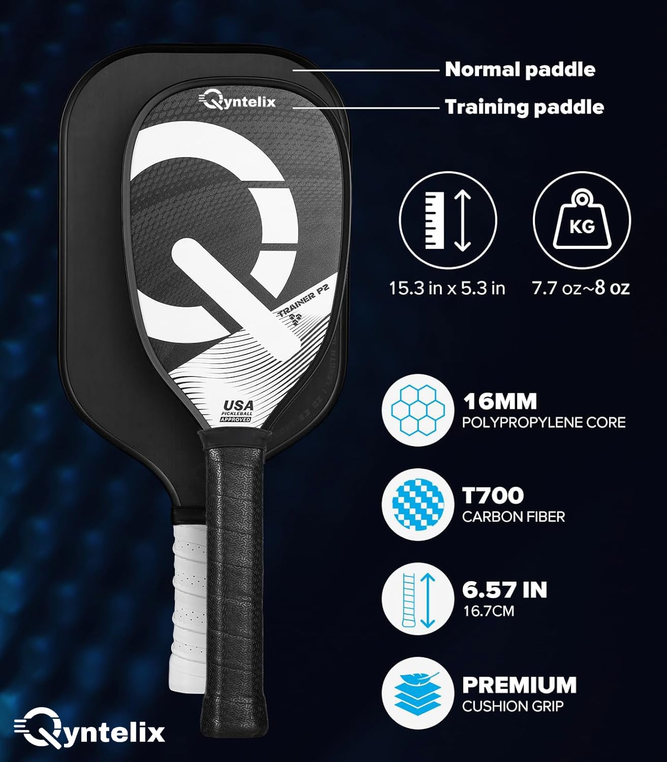 Pickleball Training Paddle – USAPA Approved | 360° Thermoformed | T700 Carbon Fiber | High-Spin Grit Coating | Ultra-Strong Power & Spin for Consistent Training，Extra Long Handle, 16mm Core, Black