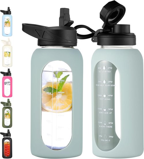 CIVAGO 32 Oz Glass Water Bottle - Motivational Sports Flask with Straw, Time Marker & Silicone Sleeve | Sage