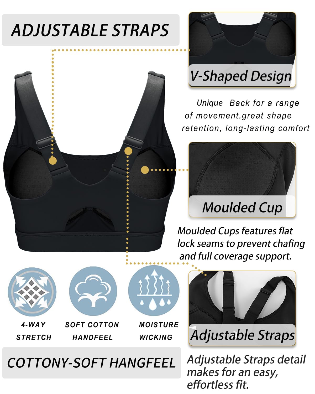 RUNNING GIRL High Impact Sports Bras for Women,Adjustable Molded Cup Black Sports Bra Workout Bra(WX3109Black_L)