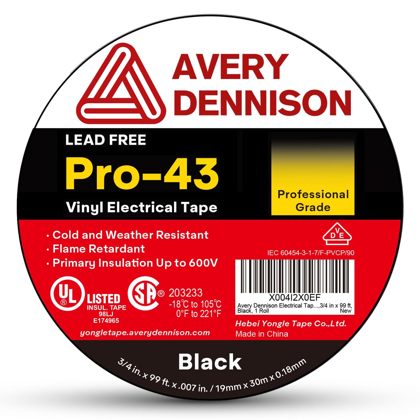 Avery Dennison Electrical Tape ¾ in x 99 ft, Professional Grade PVC Electric Tape, UL/CSA Listed Insulating Vinyl Tape for Electrical, Repairs, Automotive and Equipment, Pro-43, Black, 1 Roll