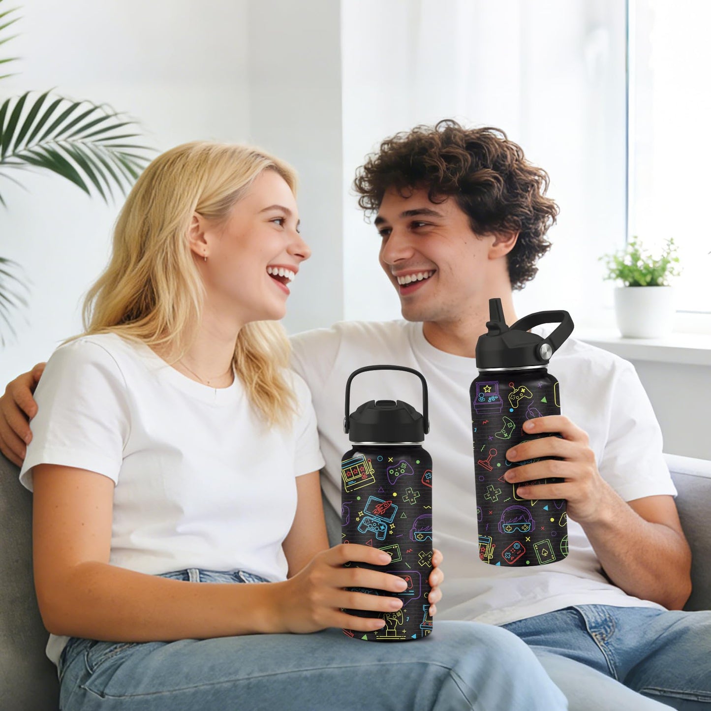 CGMIBAS Gamer Water Bottle 32oz - Insulated Stainless Steel with Straw, Leak Proof Lid - Ideal Gaming Gifts for Kids Boys Teens - BPA-Free Sports Bottle for School, Travel & Gaming