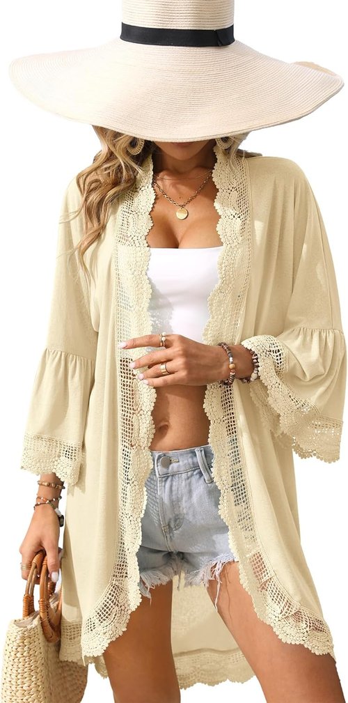 ALIREVERIE Women's Lightweight Summer Cardigan - 3/4 Ruffle Sleeve with Lace Details