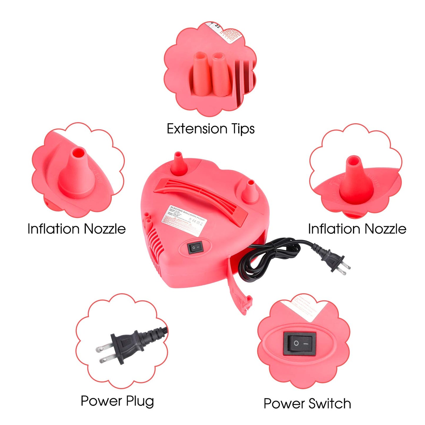 Electric Balloon Pump, NuLink Portable Dual Nozzle Electric Balloon Blower Pump with Tying Tools, Tape Strip and Dot Glues for Party Decoration [Pink, Heart Shape]