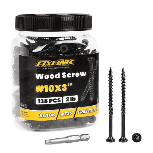Deck Screws 3 Inch, 138pcs FIXLINK Wood Screws #10 x 3, 2lb, Epoxy Coated, T25 Star Bit Above 1500 Hour Salt Spray Coating Outdoor Decking Screws Excellent Rust Resistant for Outdoor Wood Fence