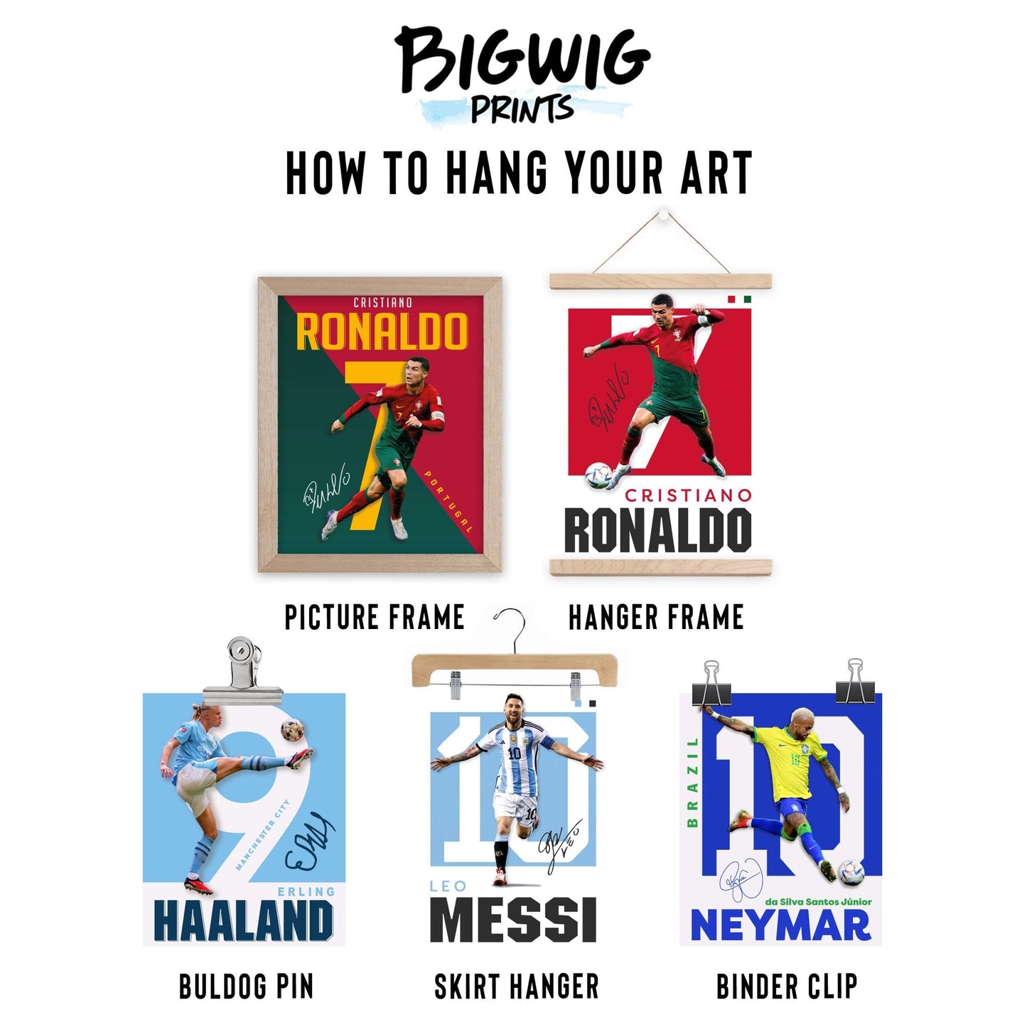BigWig Prints Soccer Poster - Soccer Decor For Boys Bedroom, Messi And Ronaldo Poster, Messi Posters For Boys Bedroom, Mbappe Wall Art, Neymar Wall Art, Ronaldo Posters - Unframed Set Of 9 (8x10”)