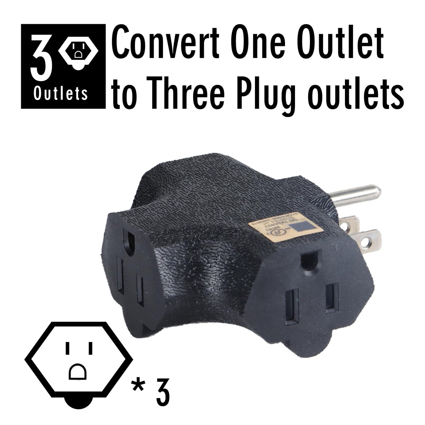 GFQHF 3 Way Plug Adapter - UL Listed - Outdoor Outlet Splitter 3 Prong - Electrical Outlet Extender, Wall Outlet Expander, Outdoor Heavy Duty Triple Plug Outlet Adapter 3PCS Black