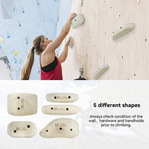 TWO STONES Wooden Rock Climbing Holds for Adults | Wood Rock Wall Climbing Holds | Variety Screw On Climbing Hold Grips Set with Mounting Hardware (HD5in1-B)