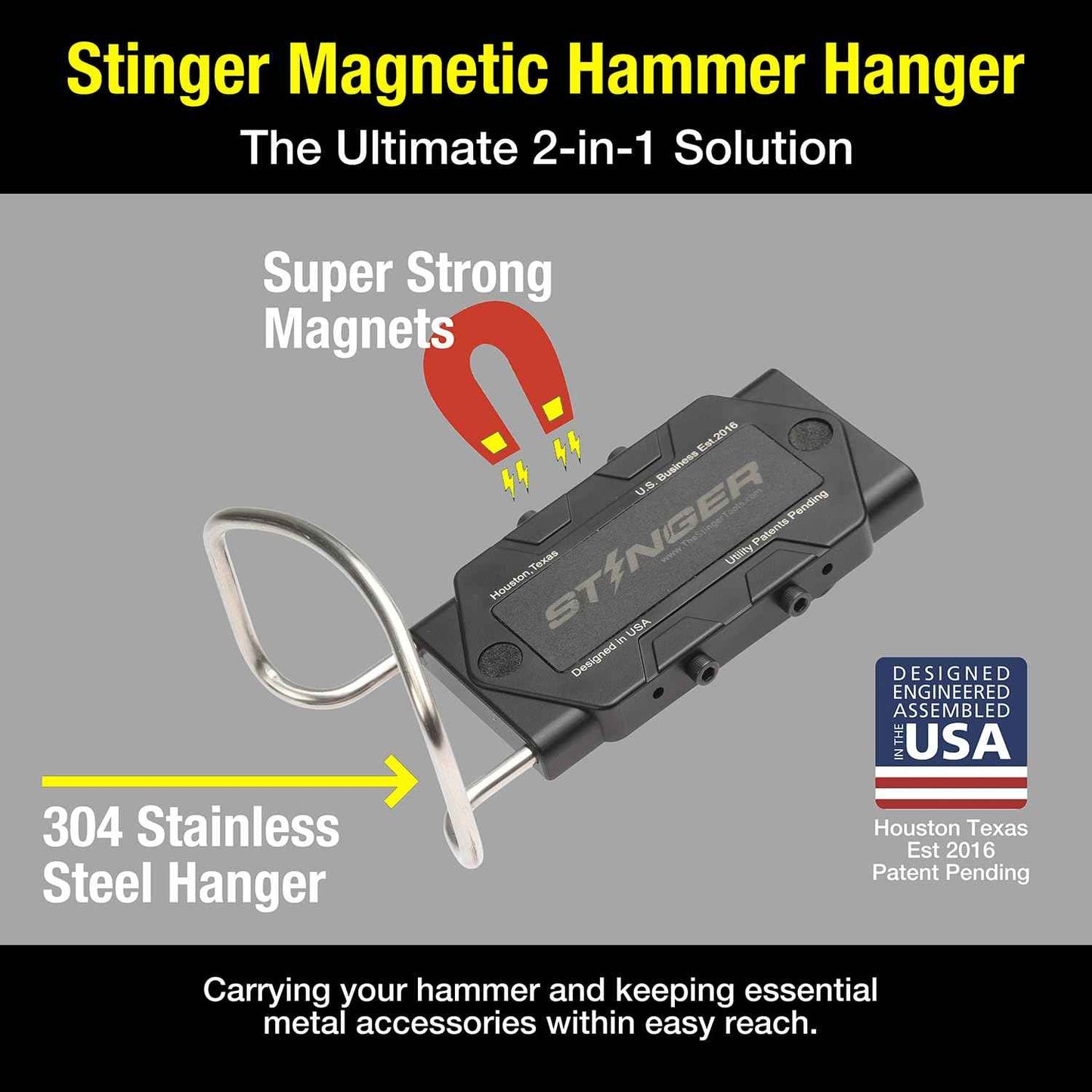 Stinger Magnetic Clip on Tool Hammer Holder for Belt, Strong Magnets Belt Clip Holster for Any Magnetic Tools and Hardware Holds Hammer, Wrench, Pliers, Screws, Nails, Drill Bit, Screw Driver