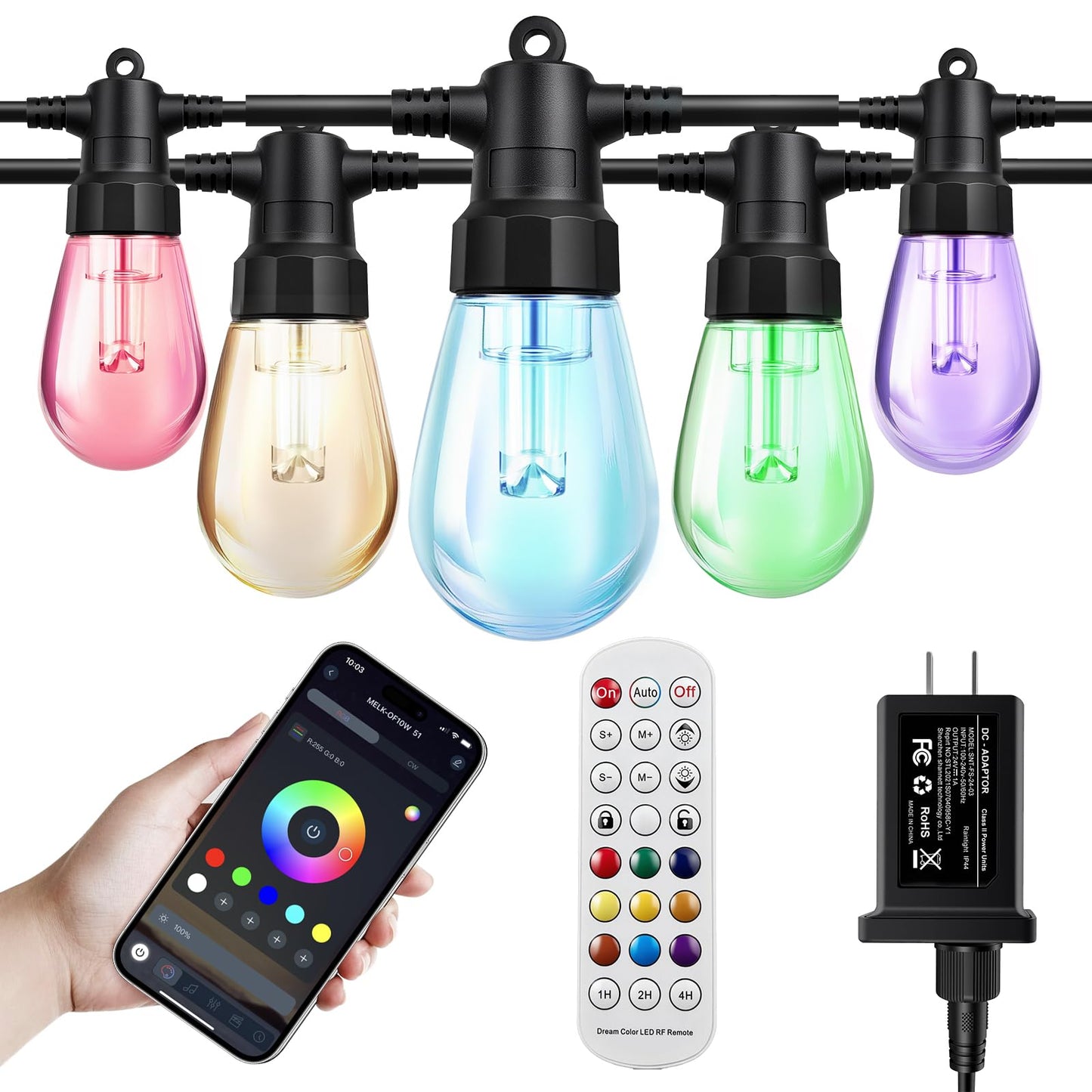 LSODLX Outdoor String Lights 96ft(2×48ft), Patio Lights with 30 Dimmable LED Bulbs, RGBW & Warm White, IP66 Waterproof, Shatterproof, APP & Remote Control, Color Change, Customizable for Backyard