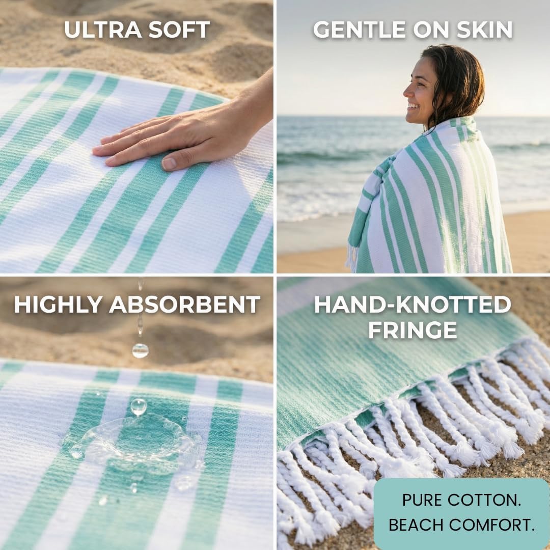 Turkish Beach Towels Set of 4 - Oversized 40x70 Inch Cotton Towels | Quick Dry, Sand-Free, Aqua Blue