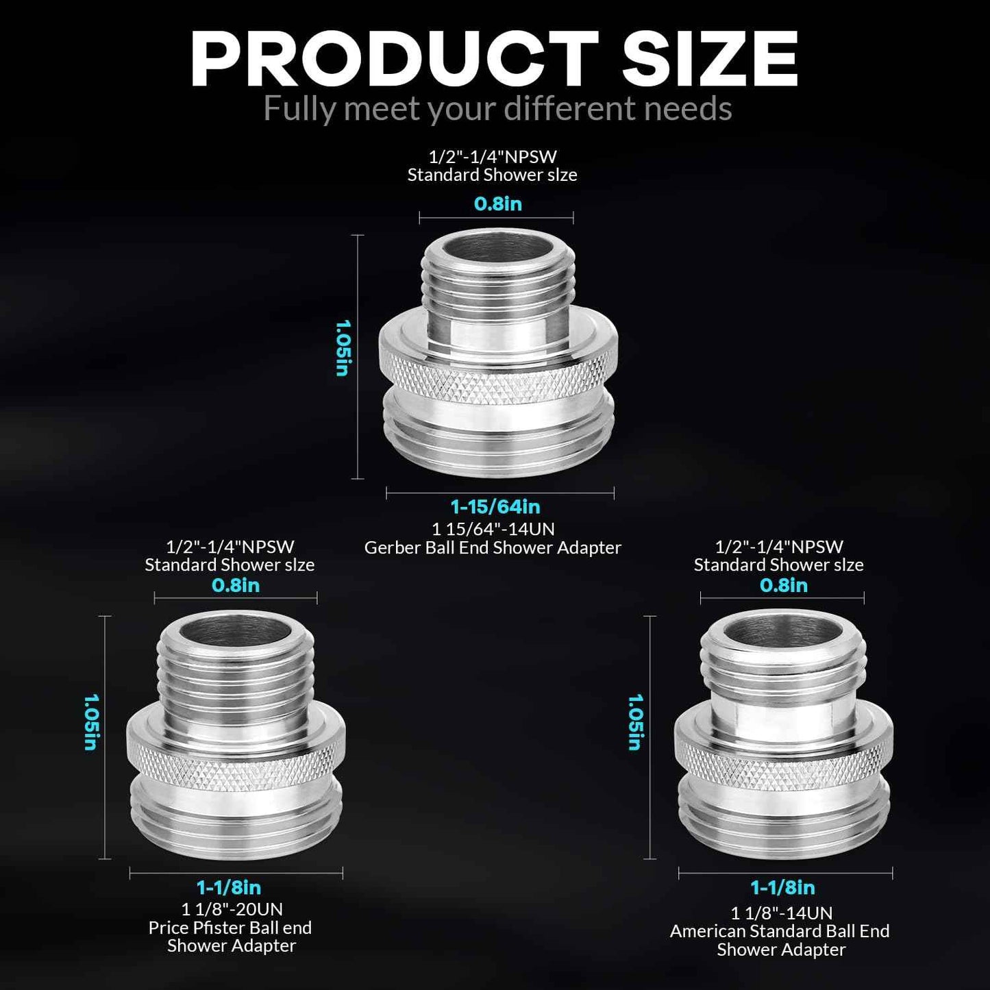 Ball End Shower Arm Adapter 1/2 Inch Male Pipe Thread Old Style Head Convert to fit standard shower head 14UN 16UN is Suitable for Most Old-Fashioned Ball Head Shower Arms (3PCS)