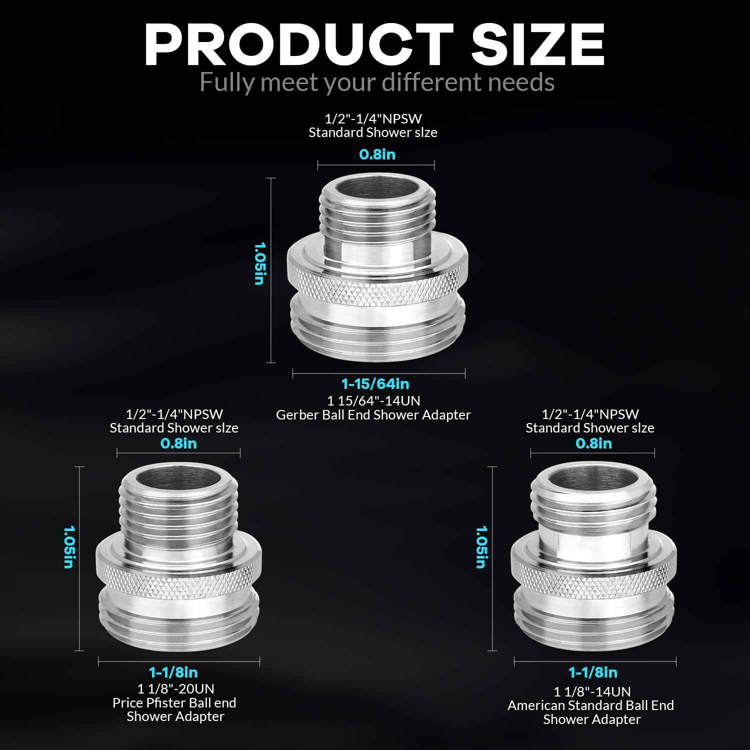 Ball End Shower Arm Adapter 1/2 Inch Male Pipe Thread Old Style Head Convert to fit standard shower head 14UN 16UN is Suitable for Most Old-Fashioned Ball Head Shower Arms (3PCS)