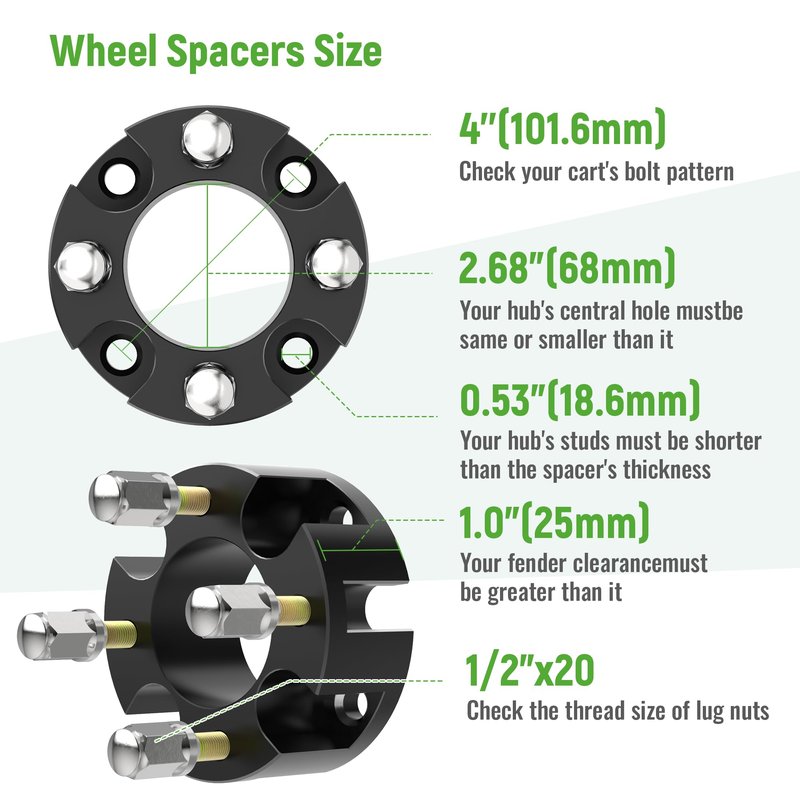 10L0L 1 inch Golf Cart Wheel Spacers Kit with Lug Nuts Fits for Yamaha Club Car EZGO, 4x4 Bolt Pattern, 68mm Hub Bore, 1/2-20 Studs (4 Pack)
