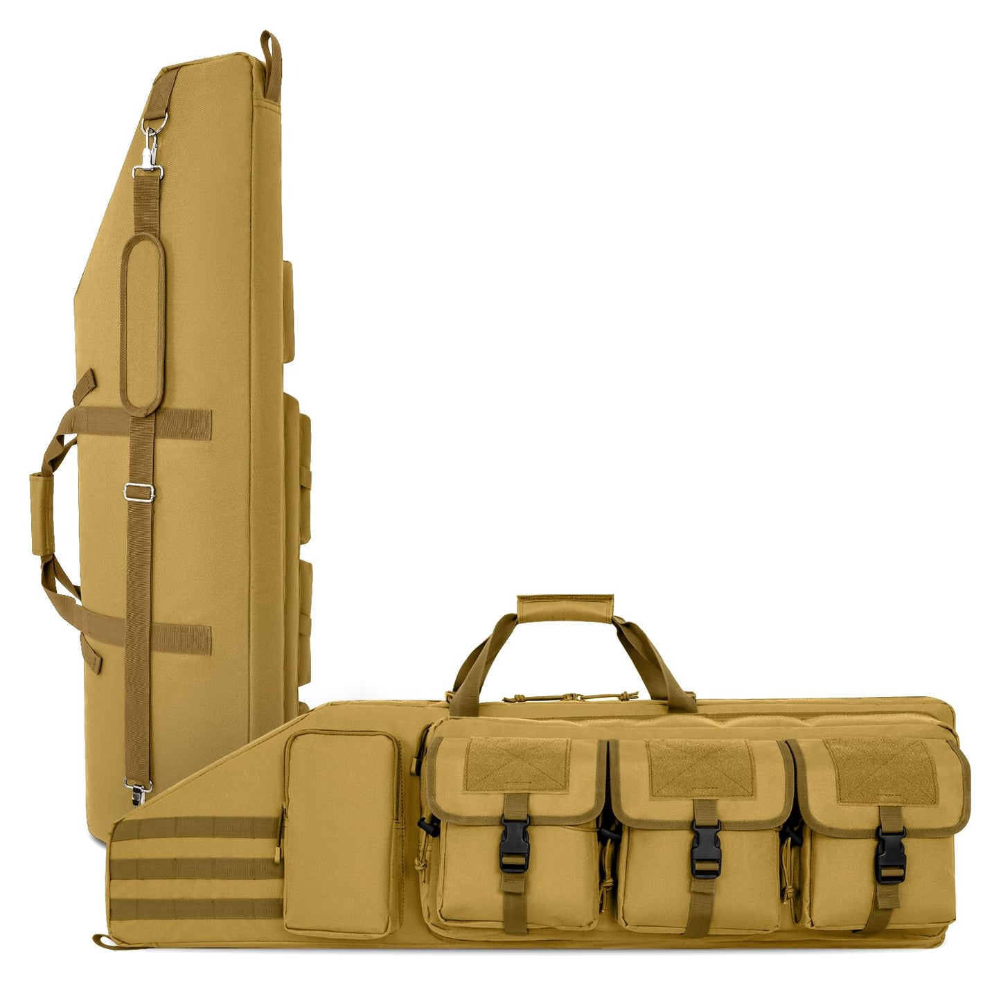 DULCE DOM Double Rifle Case 36'' Soft Gun Bag Tactical Backpack with Movable Divider for Hunting Shooting Range, MOLLE System Multiple Magazine Pouches & Accessory Bags (KHAKI)