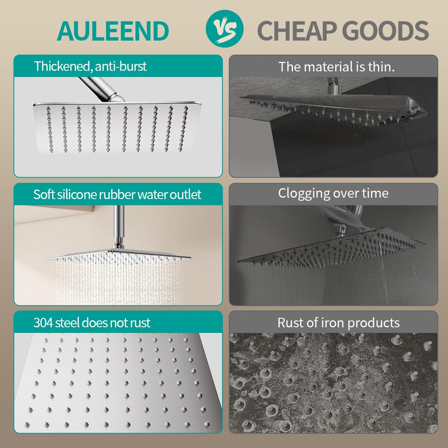 AULEEND Square Rain Shower Head, High Flow Stainless Steel,Work with any decorative style，All Metal Rainfall Shower Head (Chrome, 10)