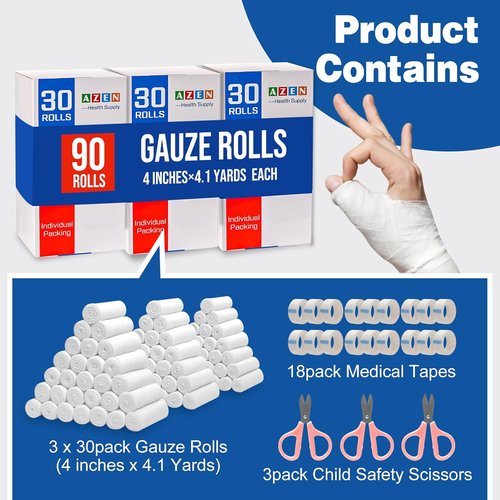 AZEN Gauze Rolls Bandages - 90 Pack of Premium Medical Supplies | 4 in x 4.1 Yards Mummy Wraps