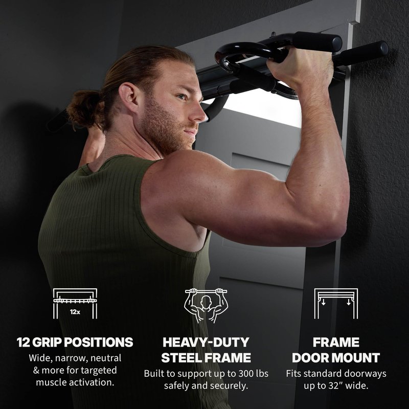 SPRI Pull Up Bar - 12-Grip Door Mounting Pull-Up Bar for Versatile Workouts - Rugged Steel with Foam Handles - Supports 300 Pounds - Fits Door Frames Up to 32 in. Wide - Black