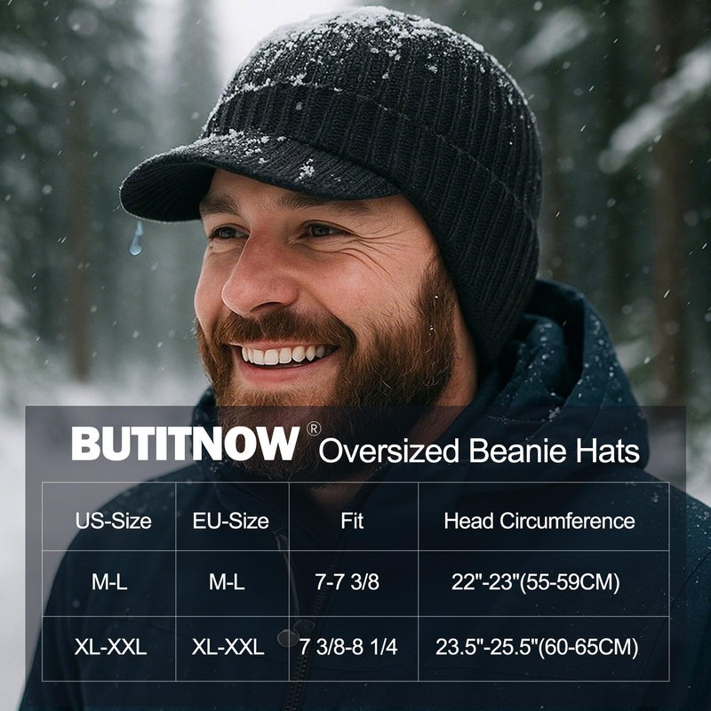 Plus Size M/L/XL/XXL Waterproof Merino Wool Beanie Hat with Brim Ear Flaps Fleece Lined Ski Cap for Cold Weather & Big Heads Black