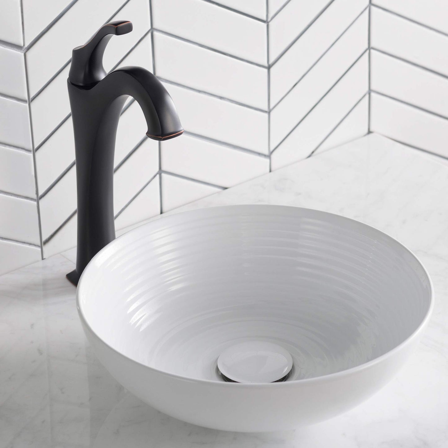 KRAUS Viva™ Round White Porcelain Ceramic Vessel Bathroom Sink, 13 in. D x 4 3/8 in. H, KCV-204GWH