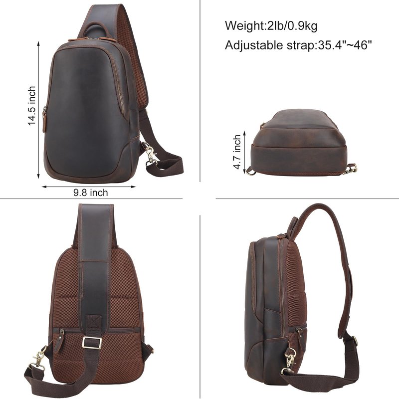 TIDING Full Grain Leather Sling Bag for Men, Vintage Crossbody Bag Outdoor Casual Chest Daypack fits 12.9" Tablet