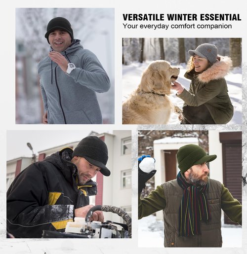 Wmcaps Mens Winter Beanie with Brim - Fleece Lined Thermal Knit Visor Hat for Cold Weather Black