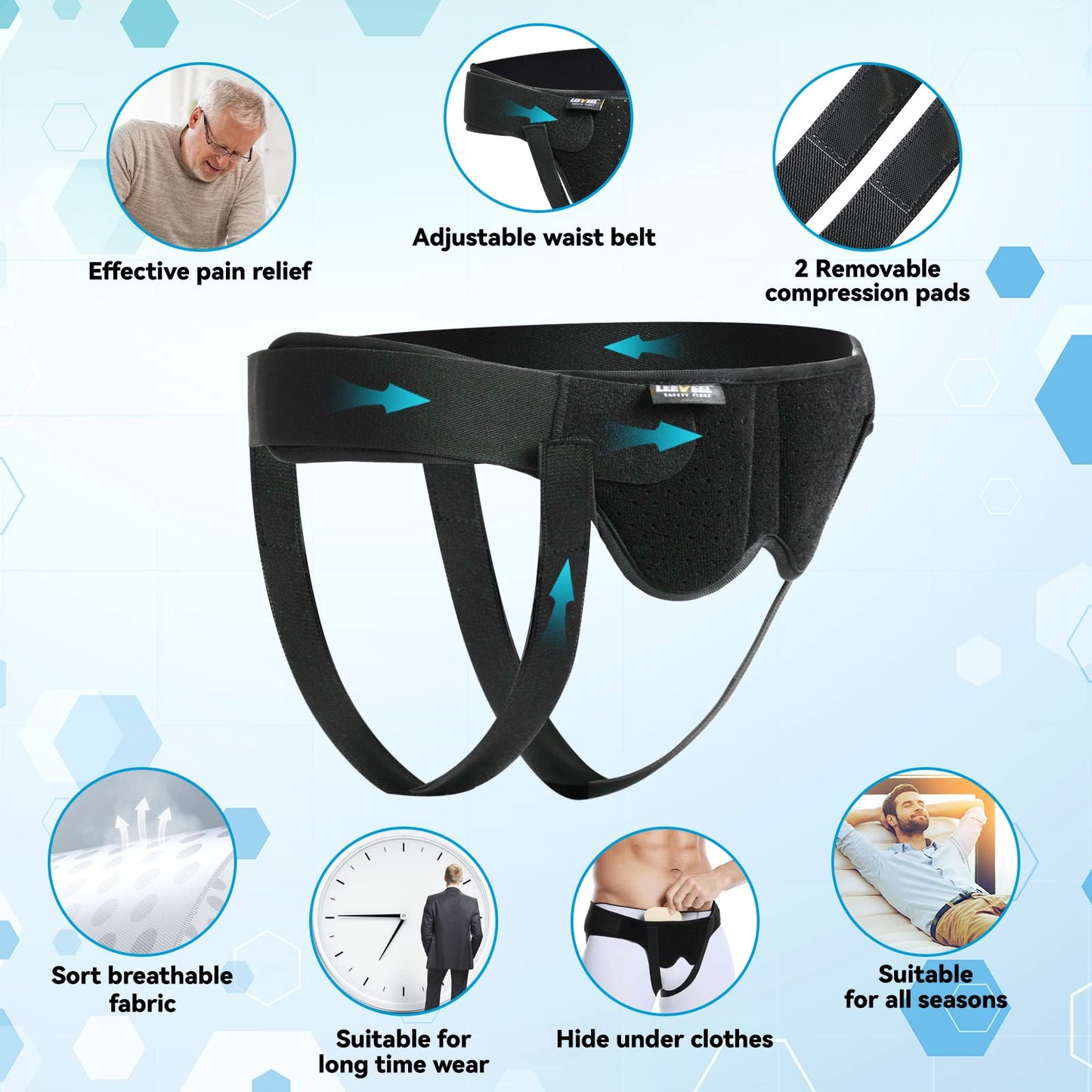 leeveel Hernia Belts for Men,Medical Hernia Guard Inguinal Truss for Single/Double,Sports Hernia Adjustable Waist Strap with 2 Removable Compression Pads (Large)
