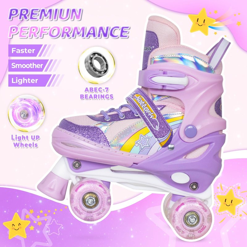 Nattork Kids Roller Skates for Girls, 4 Size Adjustable Rainbow Quad Skates with All Light Up Wheels - Best Birthday Gift for Outdoor Sports