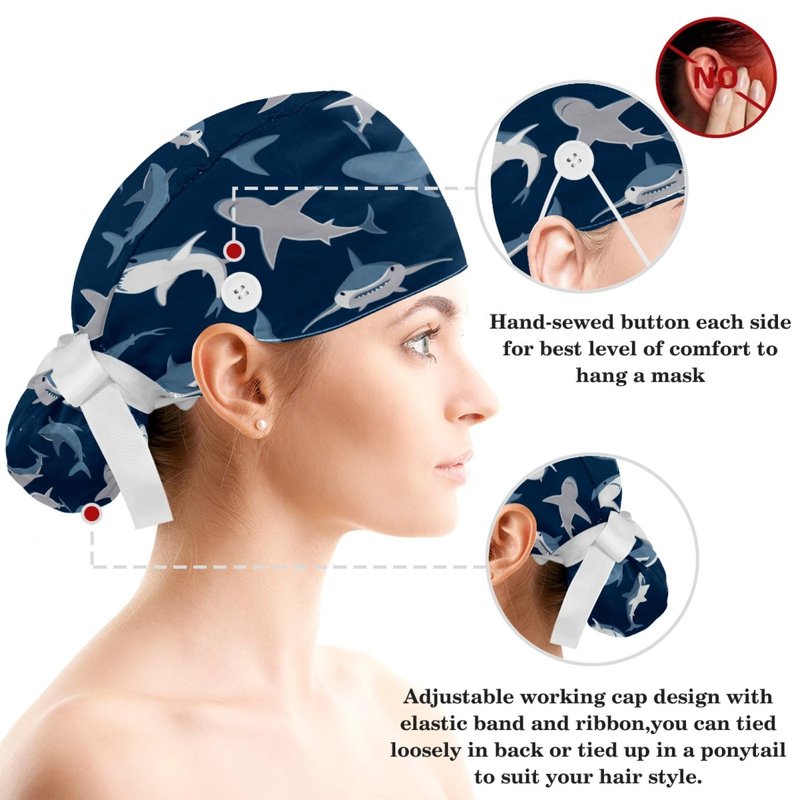 Medical Caps for Women with Bow Scrunchies,Long Hair Working Cap Adjustable Tie Back Hat, Blue Sharks Pattern Bouffant Scrub Hats