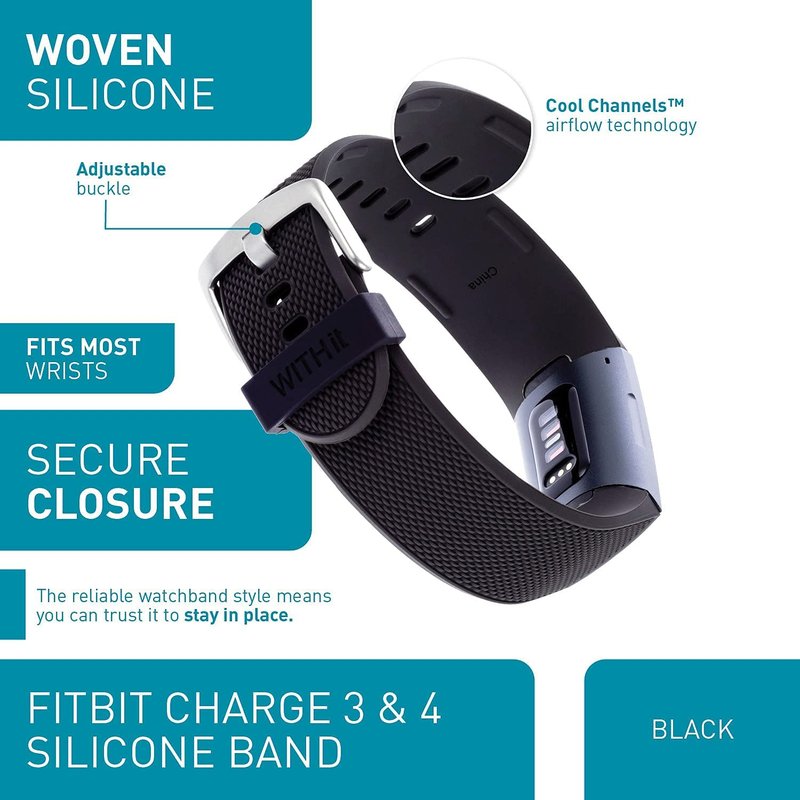 WITHit Replacement Band Compatible with Fitbit Charge 3/4 (1 Pack, Black Woven Silicone)