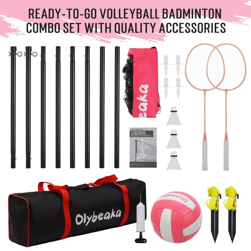20ft Volleyball & Badminton Combo Net Set Outdoor for Backyard Beach with Adjustable Poles, Durable Anti-Sag Net, PU Volleyball, 2 Aluminum Rackets, Carry Bag for Easy Portable