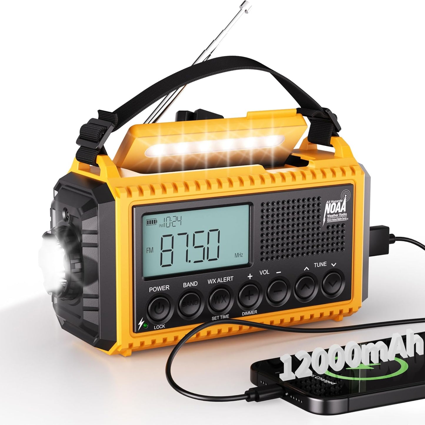 Mesqool 12000 Emergency Radio - NOAA/AM/FM/SW Weather Radio with Flashlight & Phone Charger | Portable Solar Power, Backlit LCD Display