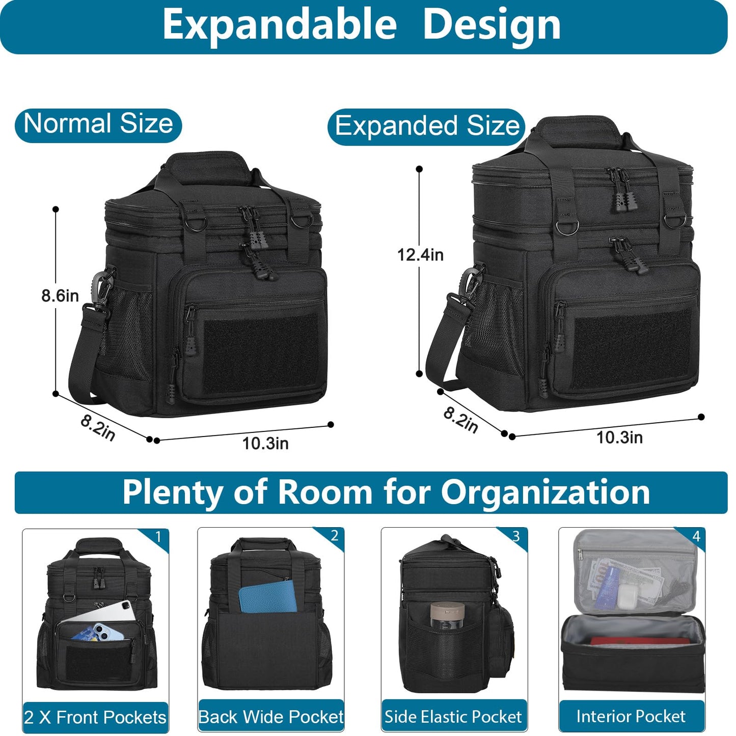 GLENKEY Tactical Lunch Box Cooler Bag - Expandable Insulated Lunch Bag for Men Daily - Large Lunchbox for Adults Work Shifts Outdoor Trips Black 16L
