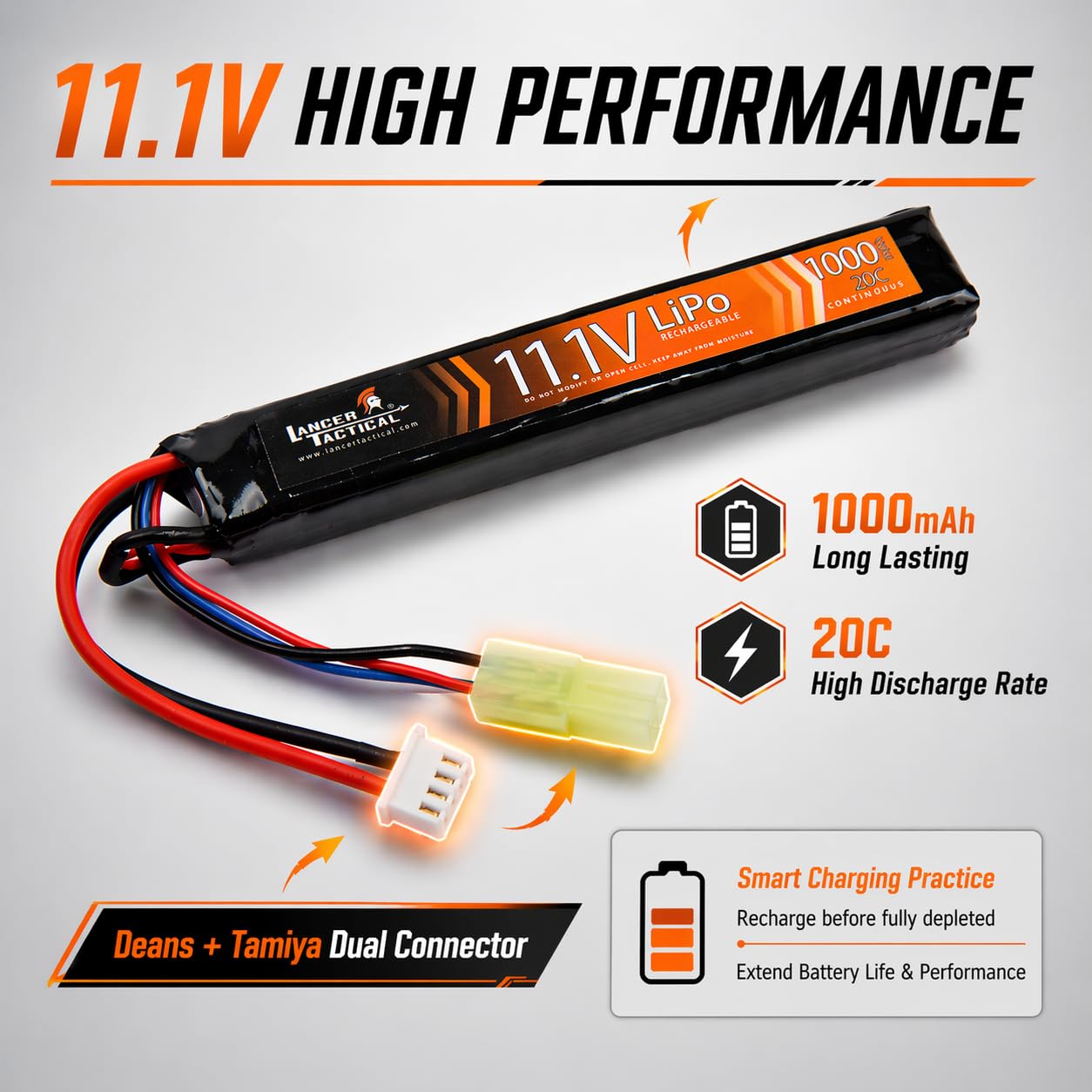 Lancer Tactical LiPo Airsoft Battery - 11.1V 1300mAh 15C/20C Stick - Tamiya/Dean Connector(1300mAh 20C Stick - Dean Connector)