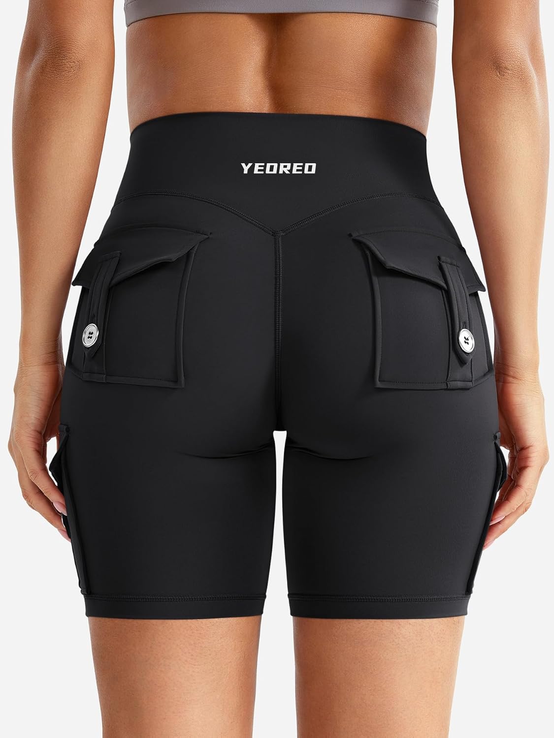 YEOREO CoreFlex Women's High-Waisted Biker Shorts - Hidden Cargo Pockets | 8" Inseam Gym Wear