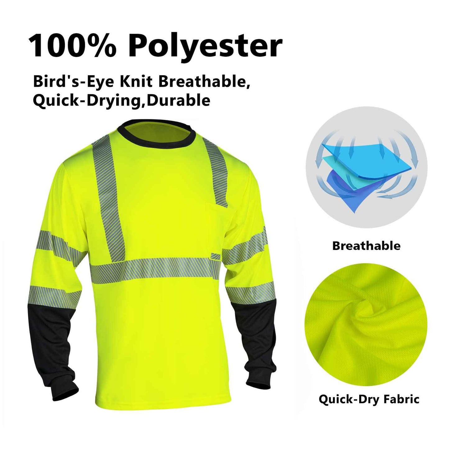 VENDACE Safety Reflective Hi Vis Long Sleeve Shirts for Men ANSI Class 3 High Visibility Construction Work T Shirts (Yellow,XL)