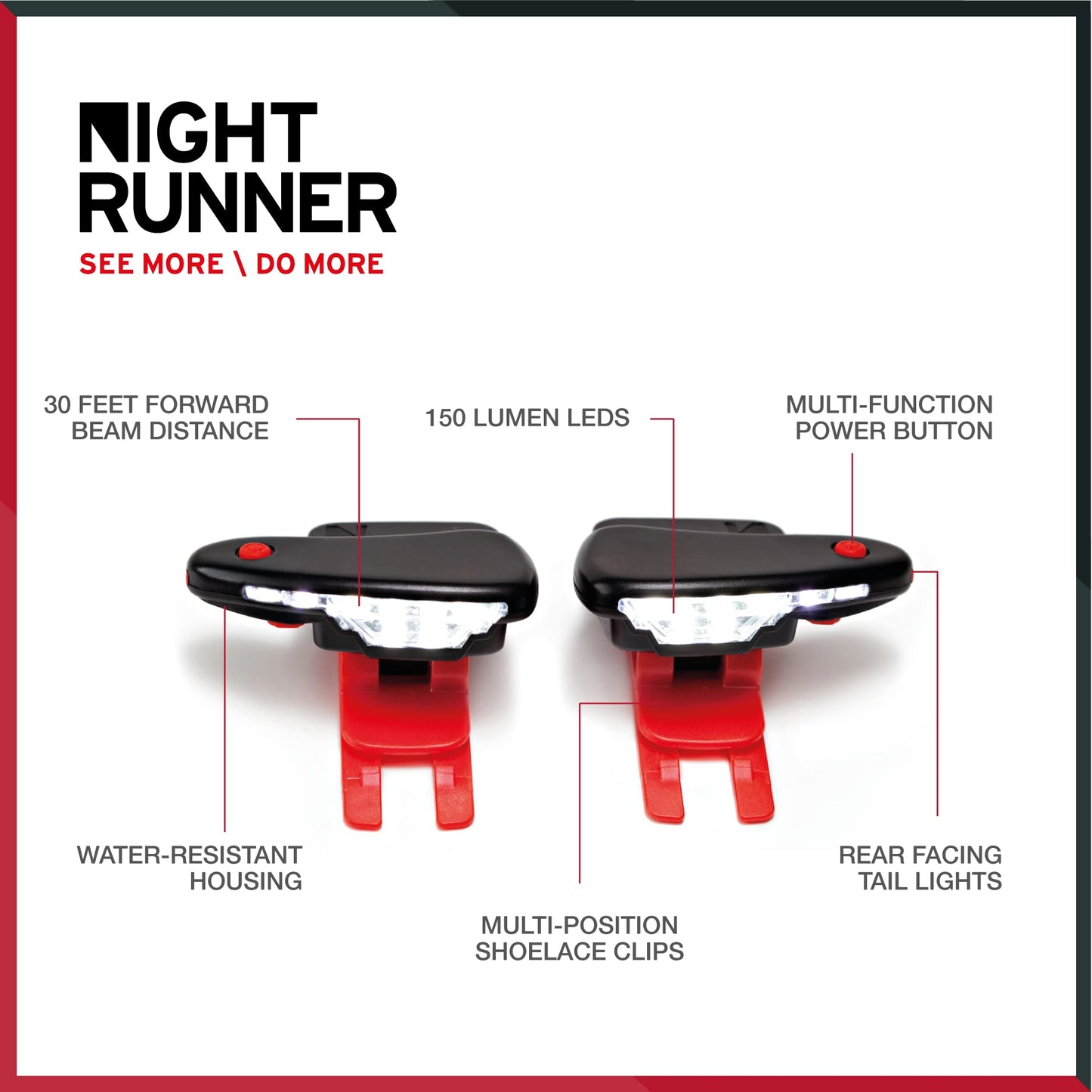 Night Runner 270 Night Tech Gear Running Shoe Lights – Hands-Free LED Lights for Runners, Trail Runners & Joggers – High Visibility Night Running Gear – Waterproof & Rechargeable – Red