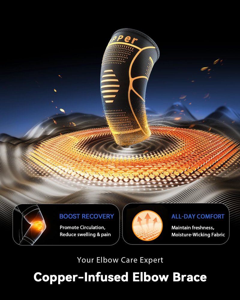 Copper-Infused Elbow Brace for Tendonitis and Tennis Elbow [Medical-Grade ＆ Stronger Support] Elbow Compression Sleeve with Adjustable Strap for Arthritis, Golfers, Bursitis, Elbow Pain Relief, Weightlifting, Fit for Men & Women