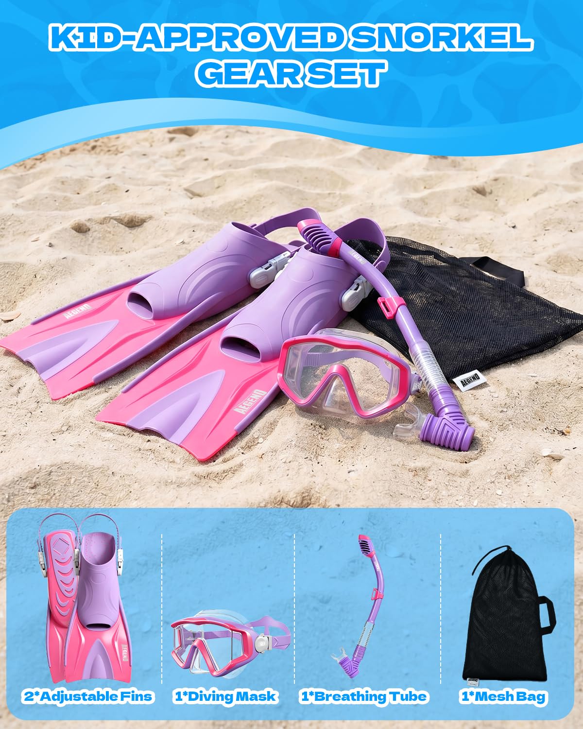 Aegend Snorkeling Gear Set for Kids - Anti-Fog Diving Mask, Adjustable Fins & Dry Snorkel, Full Snorkel Kit for Youth Swimming & Diving (Ages 5-15) (Purple, XS)