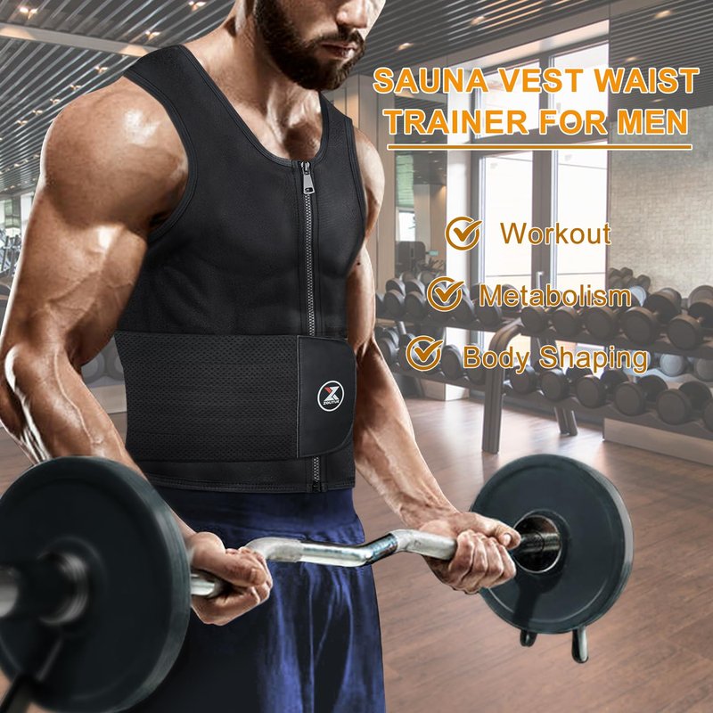 ZOUYUE Mens Sweat Sauna Vest for Waist Trainer, Sweat Sauna Suit Zipper Neoprene Workout Vest for Men with Adjustable Double Belt & Tank Top-S