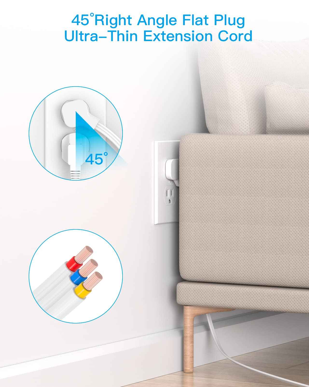 Extension Cord 10 ft, HANYCONY Flat Plug Power Strip with 6 Outlets and 3 USB Ports (2 USB C), Ultra-Thin Extension Cord, Wall Mountable, Long Cord for College Dorm Room, Office Home Essentials