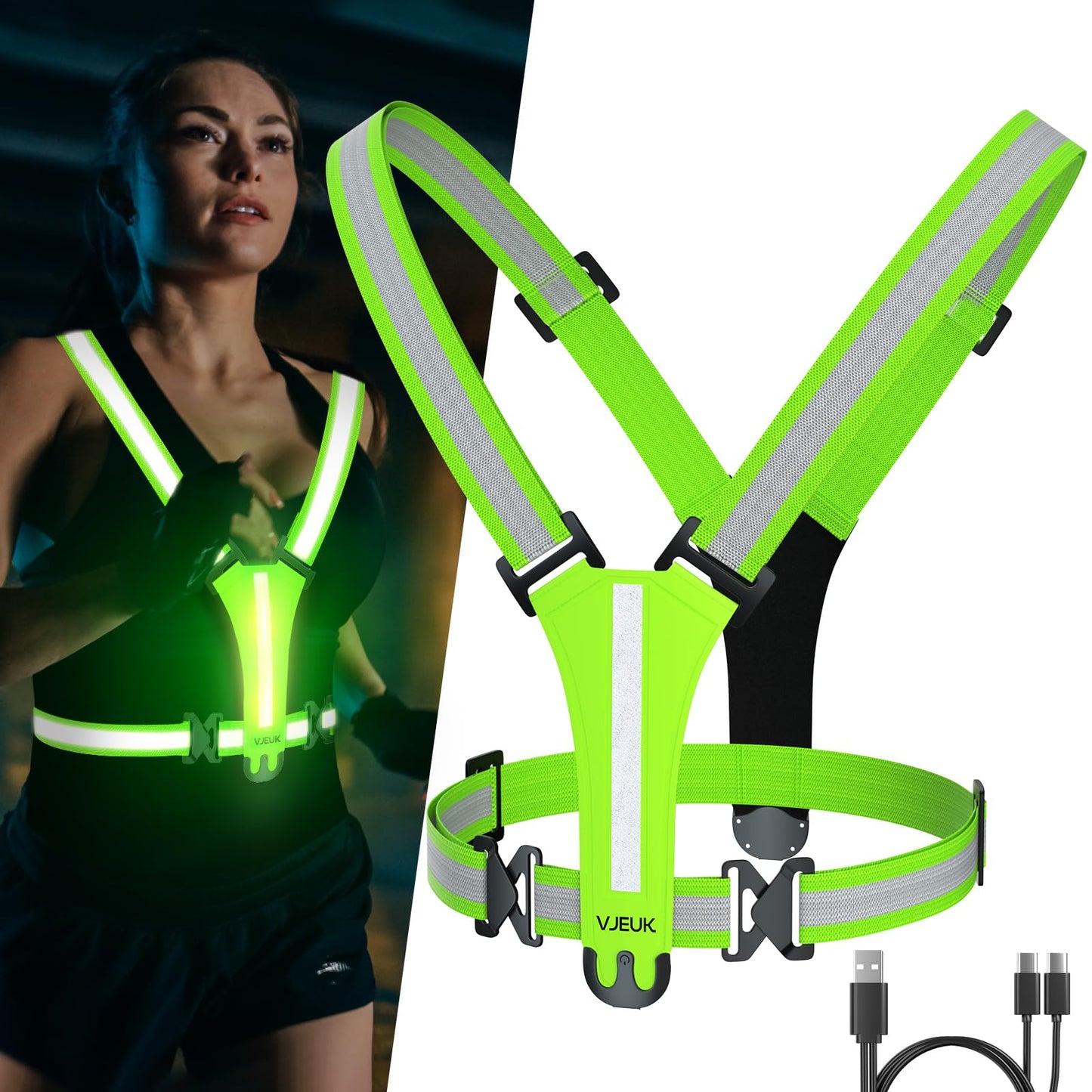VJEUK Led Reflective Vest Running Gear，7 Lights Colors Light Up Running Vest, Rechargeable High-Visibility Adjustable Vest for Running, Cycling, and Night Activities（Green）