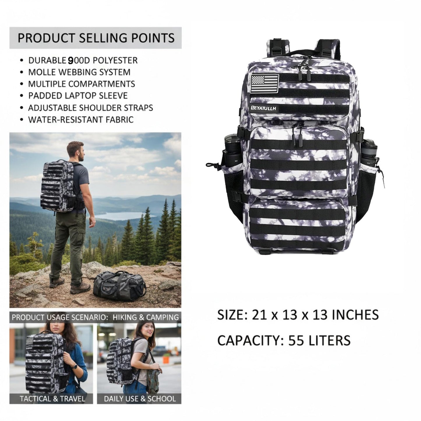 SEYATULLH Military Tactical Backpack 55L for Men & Women Bug Out Bag Assault pack Molle Daypack Hiking Trekking Rucksack (Black and white tie dye)